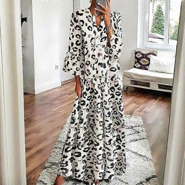2023 Herbst Böhmischer Leopard Damen' s Langes Kleid Oversize Strandkleider Weiblich Herbst Mode Casual Locker Urlaub Damenbekleidung-Weiß, XL