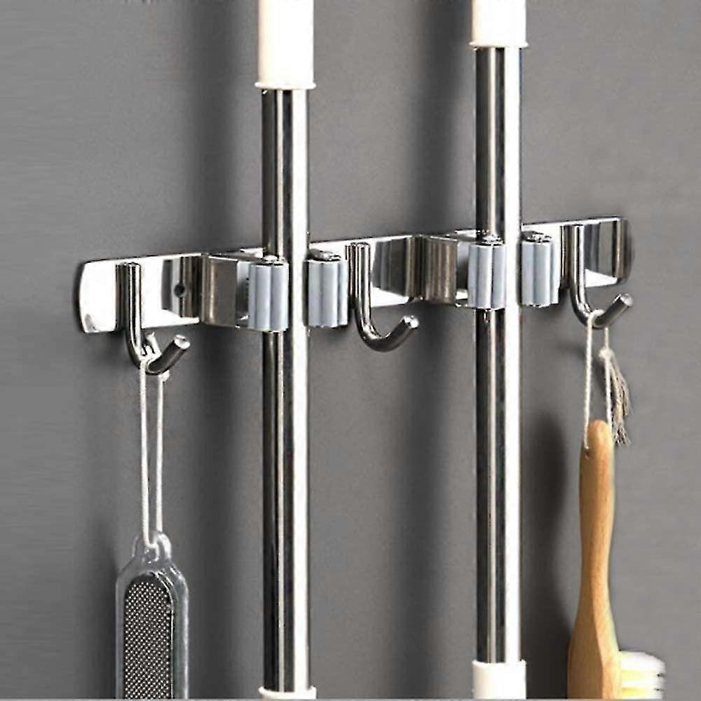 Broom Holder Wall, Broom Holder Device Holder Wall Holder Mop Broom Holder Stainless Steel With 3 Hooks And 2 Quick-release Clamps For Home, Kitchen