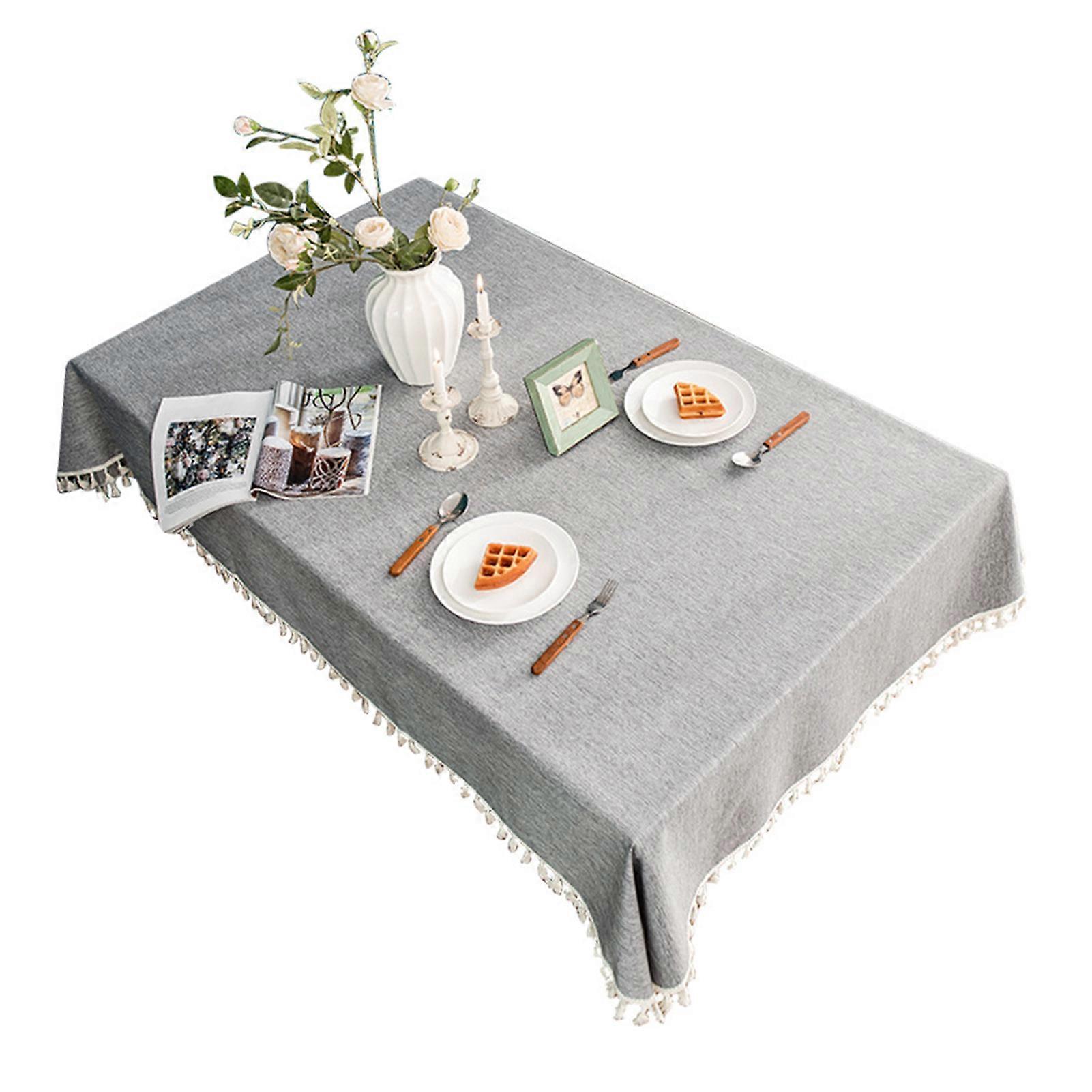 Tassel Tablecloth Waterproof Oilproof Cotton Linen Decorative Dining Table Cloth Rectangular Gray