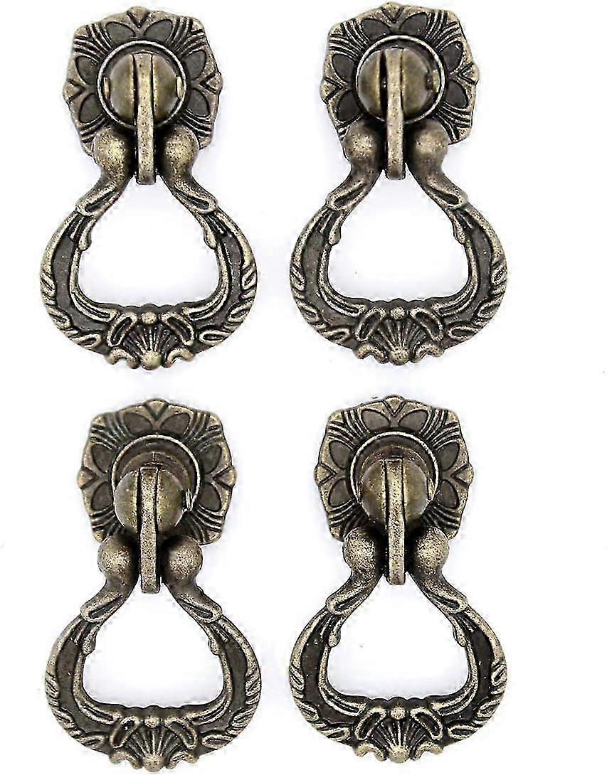 4 PCs Vintage Antique Brass Pendant Ring Pulls Drop Handles Knobs with Single Mounting Hole for Draw