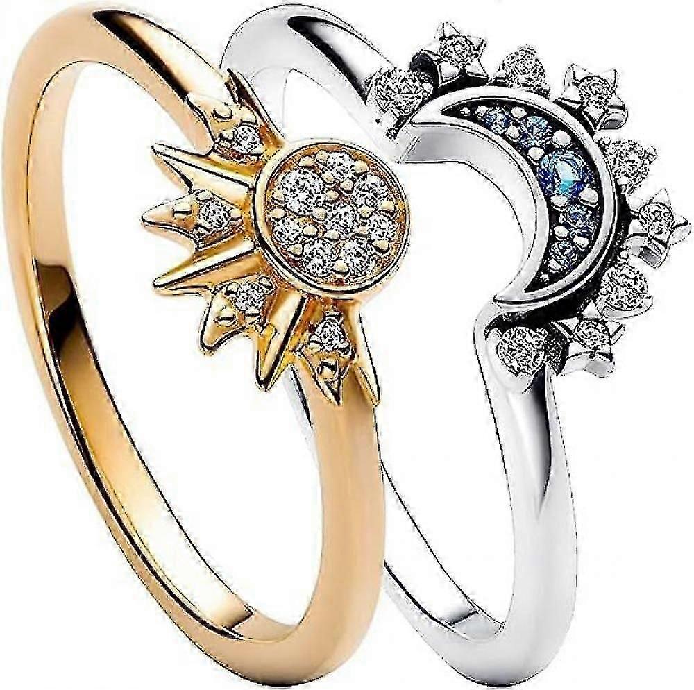 Sol e Lua Anel Conjunto, Sol cintilante Anel Lua Para Mulheres