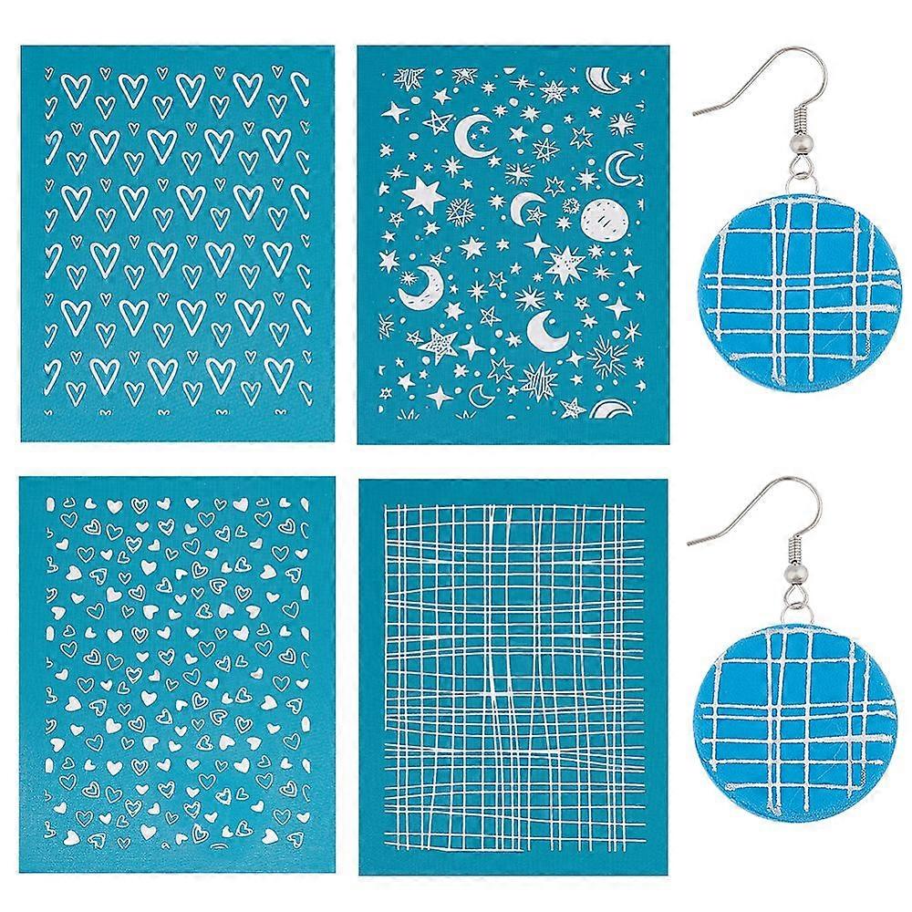1Set 4Pcs 4 Styles Self-Adhesive Silk Screen Printing Stencil for Painting on Wood DIY Decoration T-Shirt Fabric Clay Tool Turquoise Mixed Patterns 13