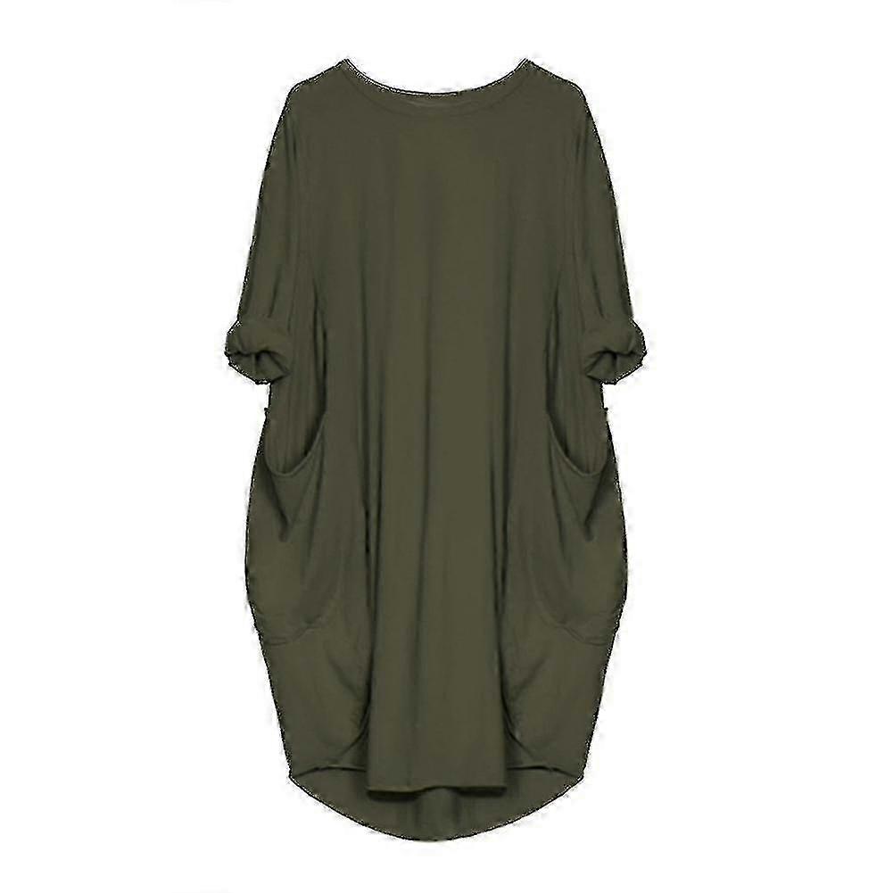 1009919900585Women Plus Size Long Eeve Loose Midi Dress With Pockets f26