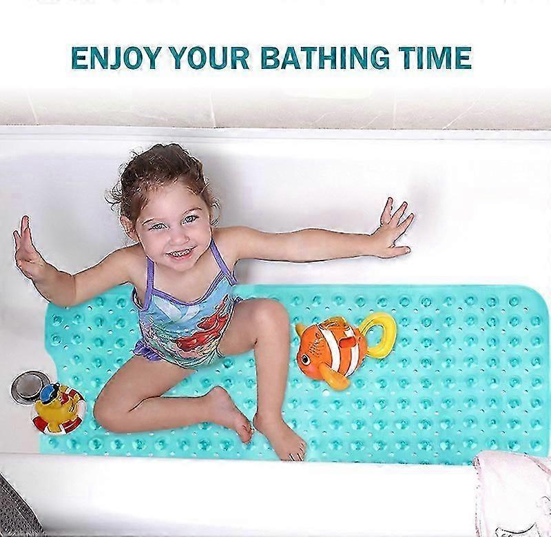 Extra Long Non-Slip Bath Mat with Drainage Holes and Suction Cups, Machine Washable (Translucent Blue)