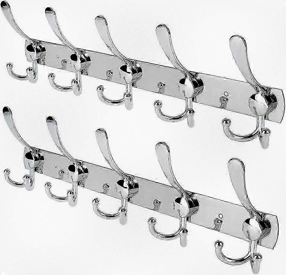 Stainless Steel Wall Hooks for Coats, Towels, and Hats - Silver (2 Pack, 15 Hooks Total)