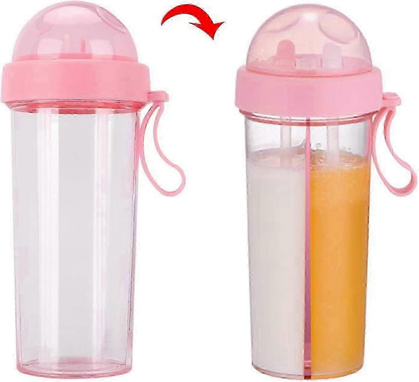 Kids Water Bottle 600ml Double Straw Pink
