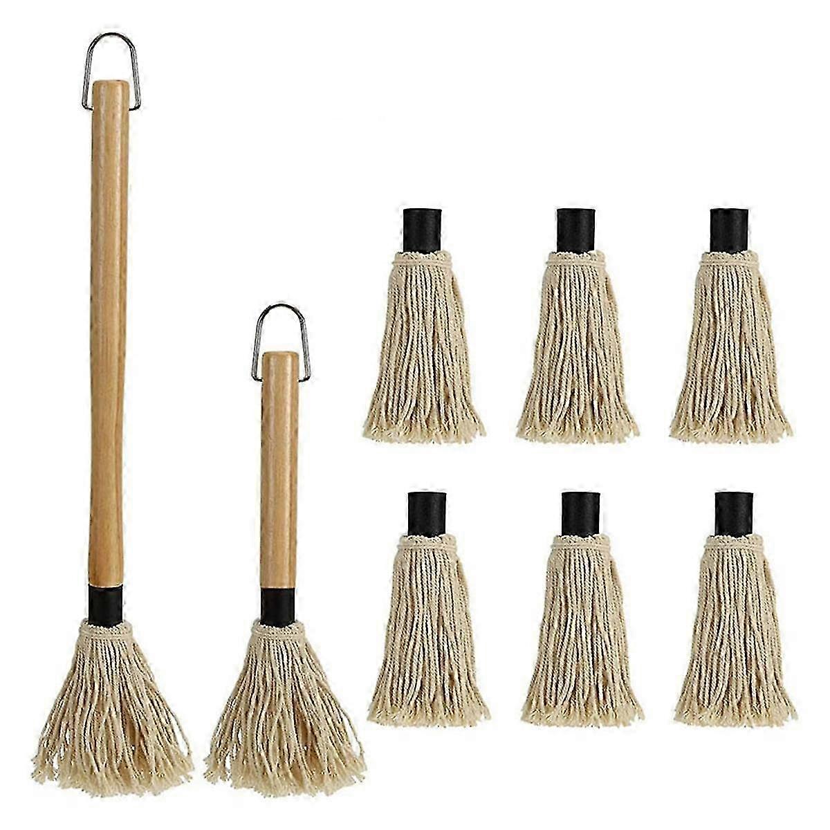 2 Pack Grilling Basting Mop & BBQ Sauce Brush with Wooden Handle, 6 Extra Replacements