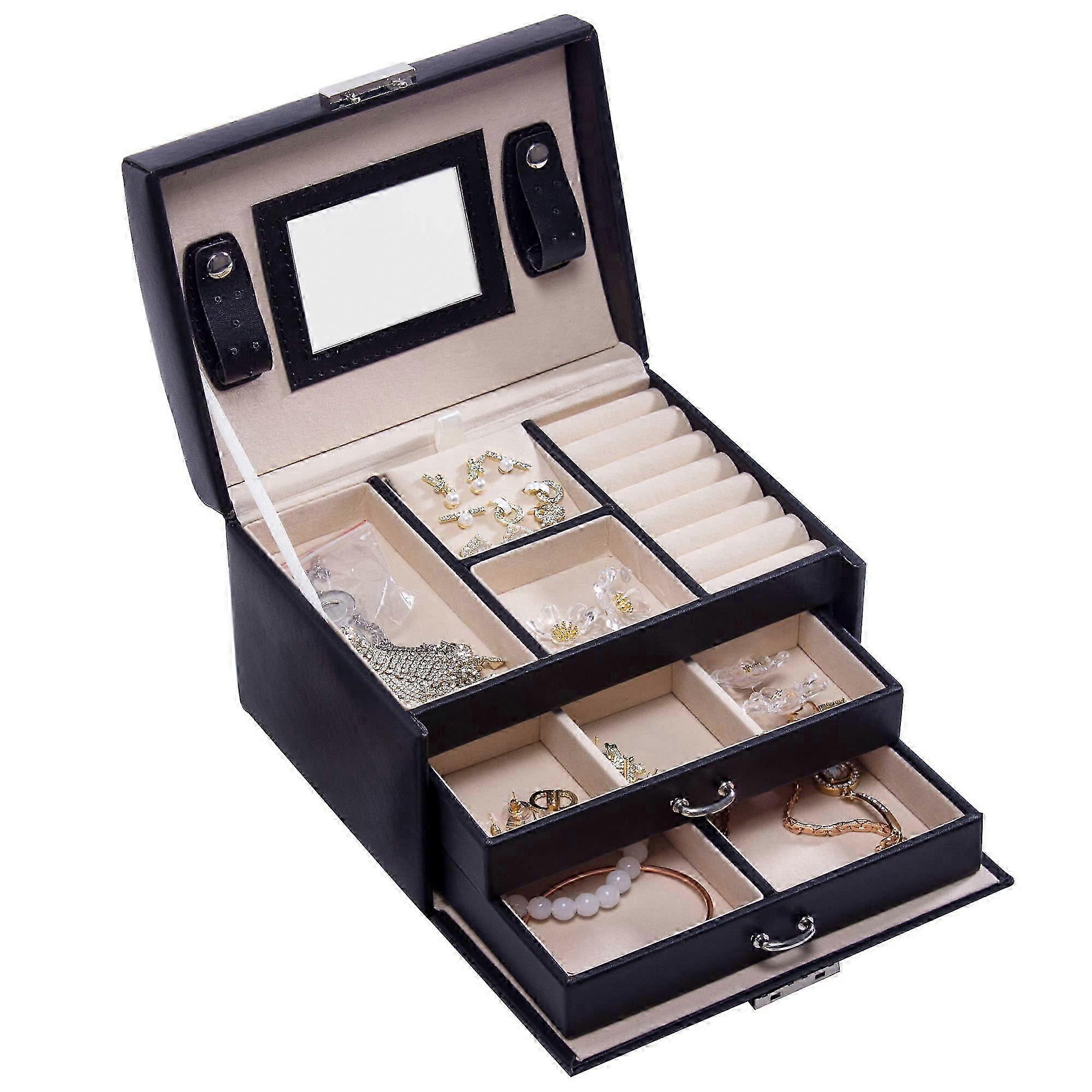Jewelry Box, 3-layer Pu Leather Jewelry Storage Box With Mirror And Lock, Drawer Type, Used To Store Rings