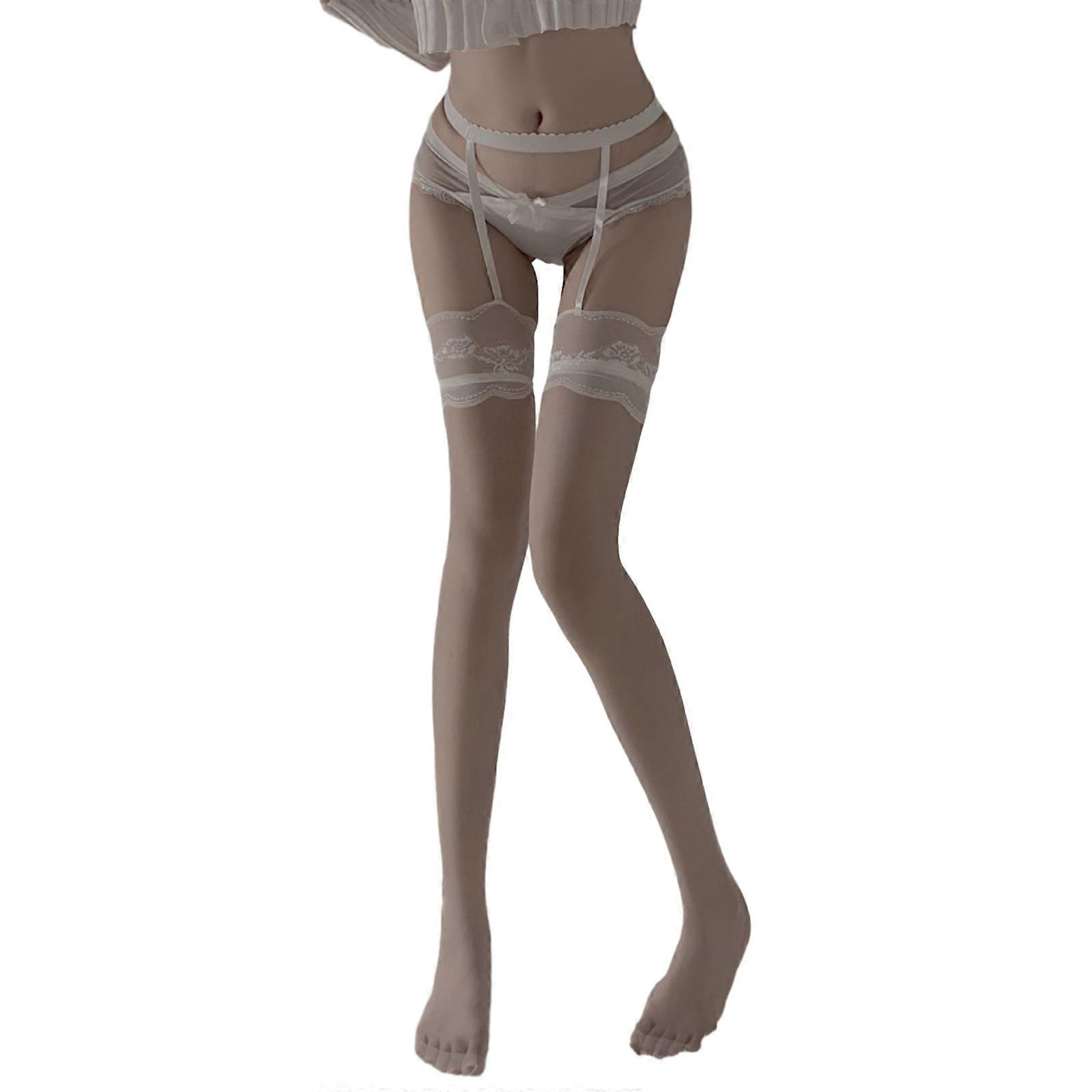Lace Sheer Garter Belt Thigh High Stockings Suspender Pantyhose Tights with  Panties Set for Women Girls Cosplay Lingerie White white underwea One