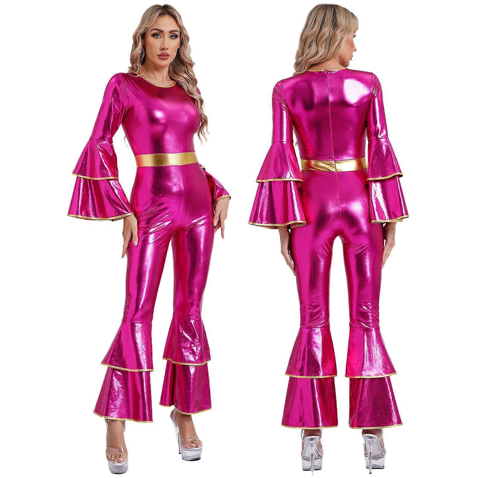 Womens Vintage 70S Disco Shiny Jumpsuit Bell Bottom Hippie Romper Cheerleading Uniform Halloween Cosplay Theme Party Costume