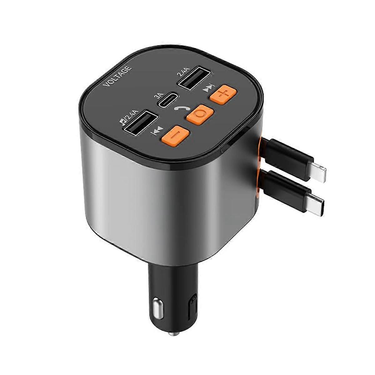 Retractable Car Charger, Bluetooth FM Transmitter Adapter, Handsfree Call Car Charger, 5-in-1 Fast