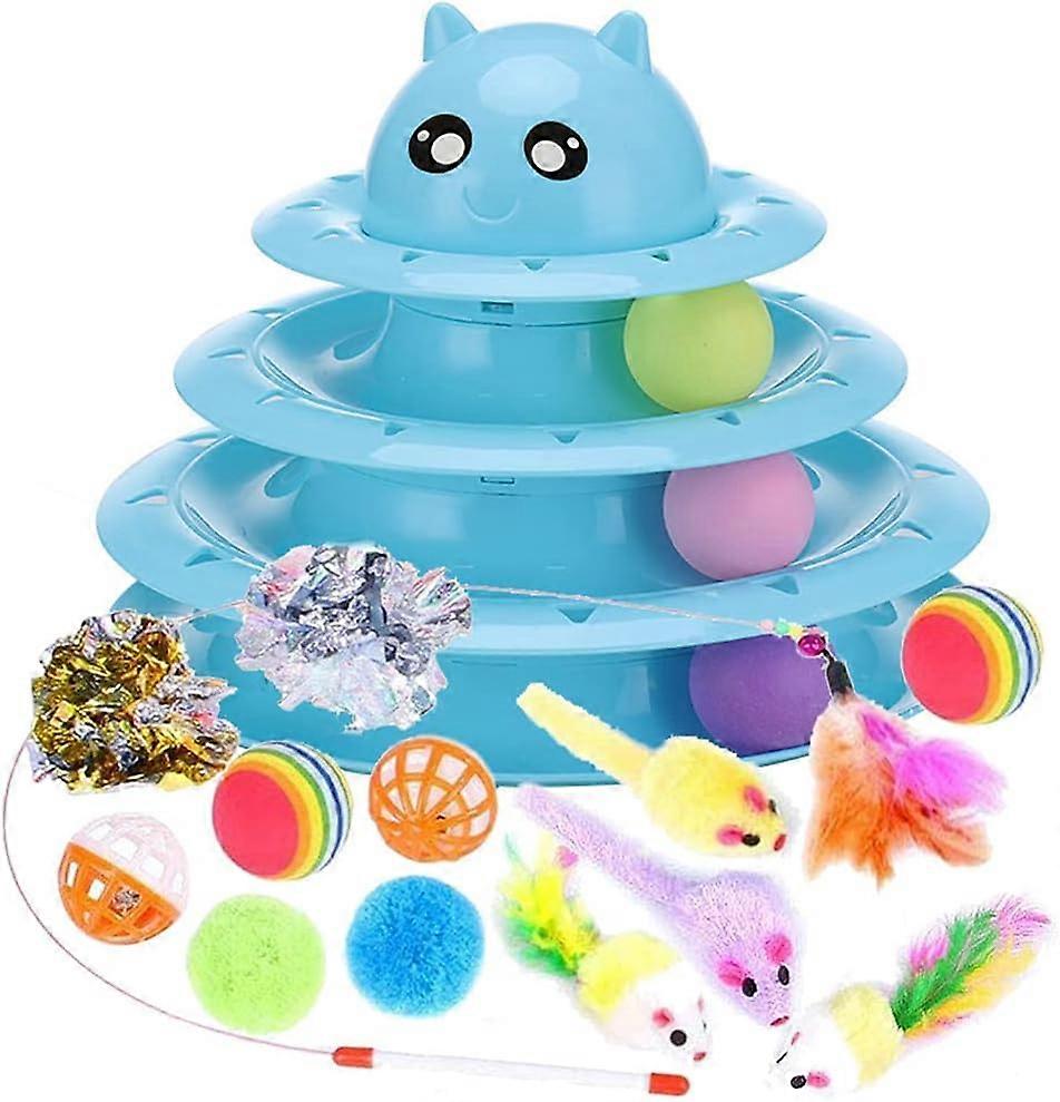 Cat Toys Interactive for Indoor Cats Kitten Toy Fun Roller Exerciser 3 Level Cat Teaser Ball Toys Cat Feather Wand Toy 14 Pack