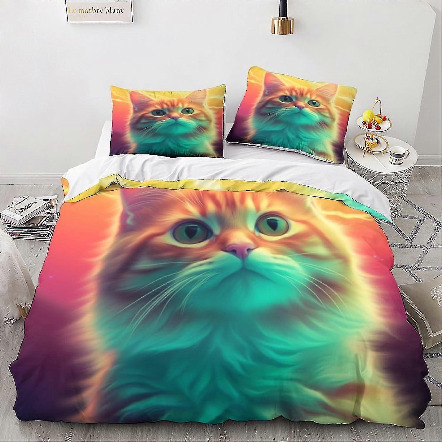 Cute Kitty Bedding Duvet Cover with Zipper Closure, 3D Animal Print Quilt for Double Size