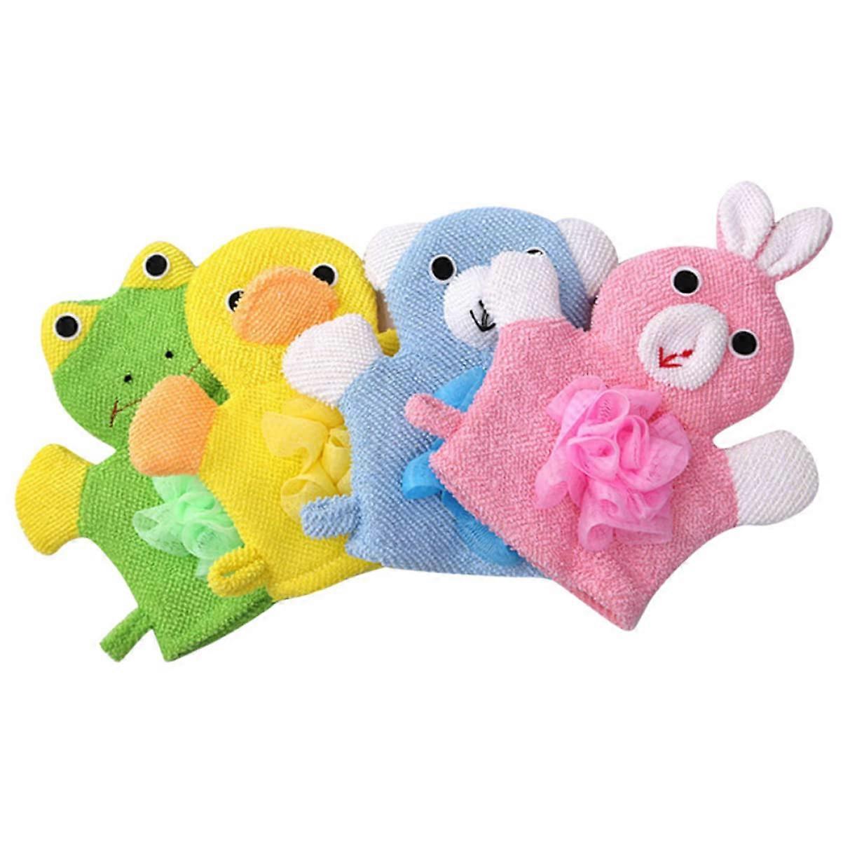Cartoon Bath Shower Gloves Set of 4 for Kids, Soft Exfoliating Body Scrubber with Hanging Loop