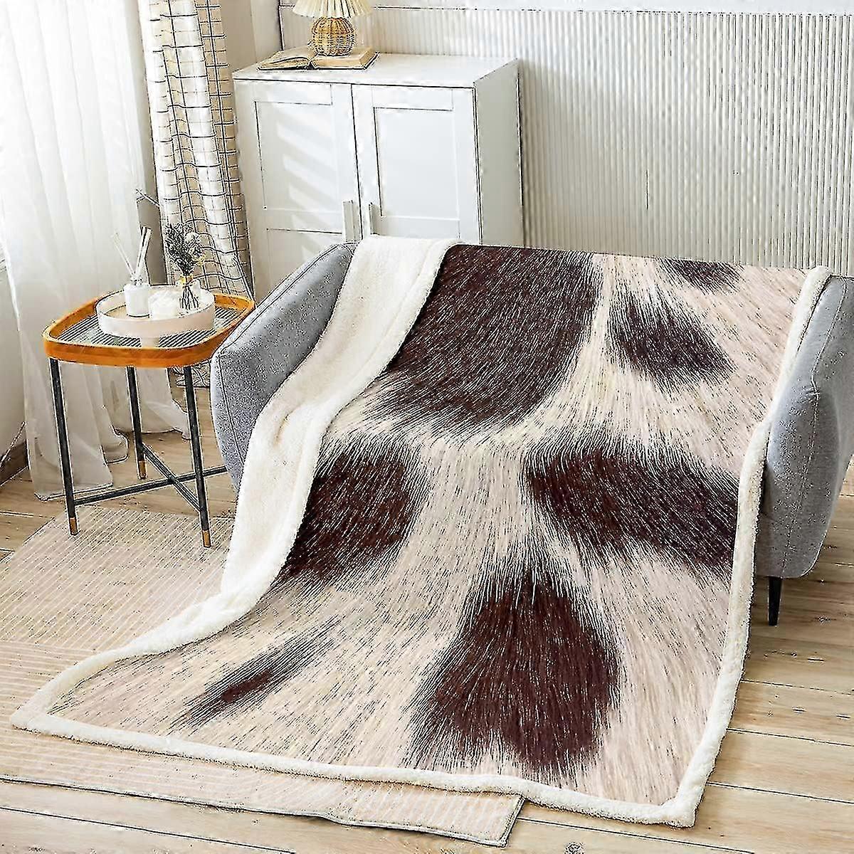 Cowhide Fleece Throw Blanket for Bed Sofa Natural Fluffy Sherpa Bedding Rustic Farmhouse Decor
