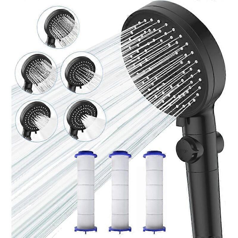 Shower head - stop button + 5 adjustable spray modes, with 3 replaceable PP cotton filters