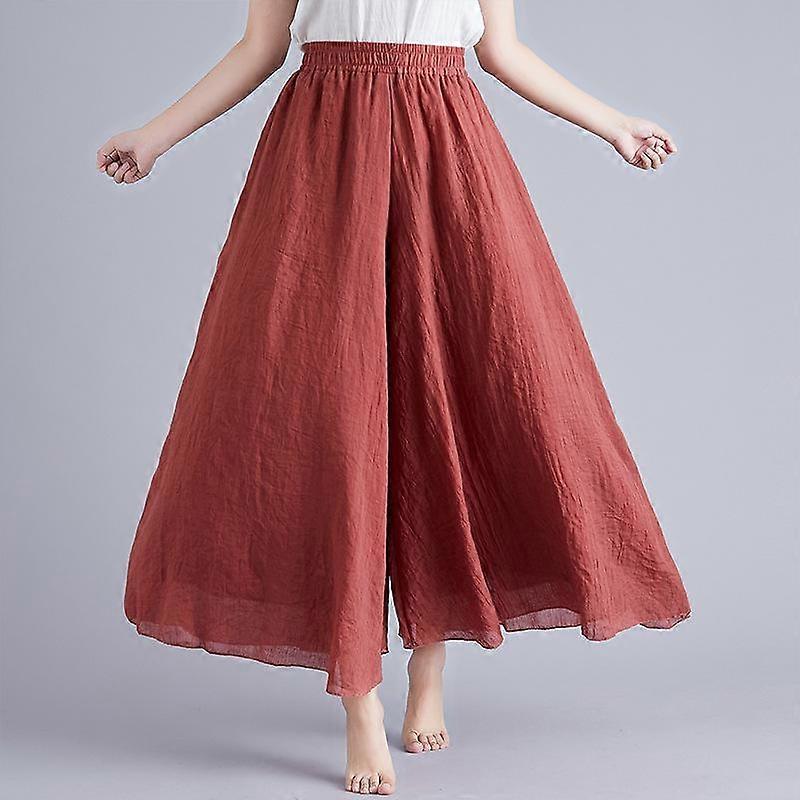 Summer Women's Pants Literary Large Size Cotton Linen Wide Legged Pants Skirt Elastic Waist Linen Pure Color Ethnic Wind Big Swing Pants Skirt Pants
