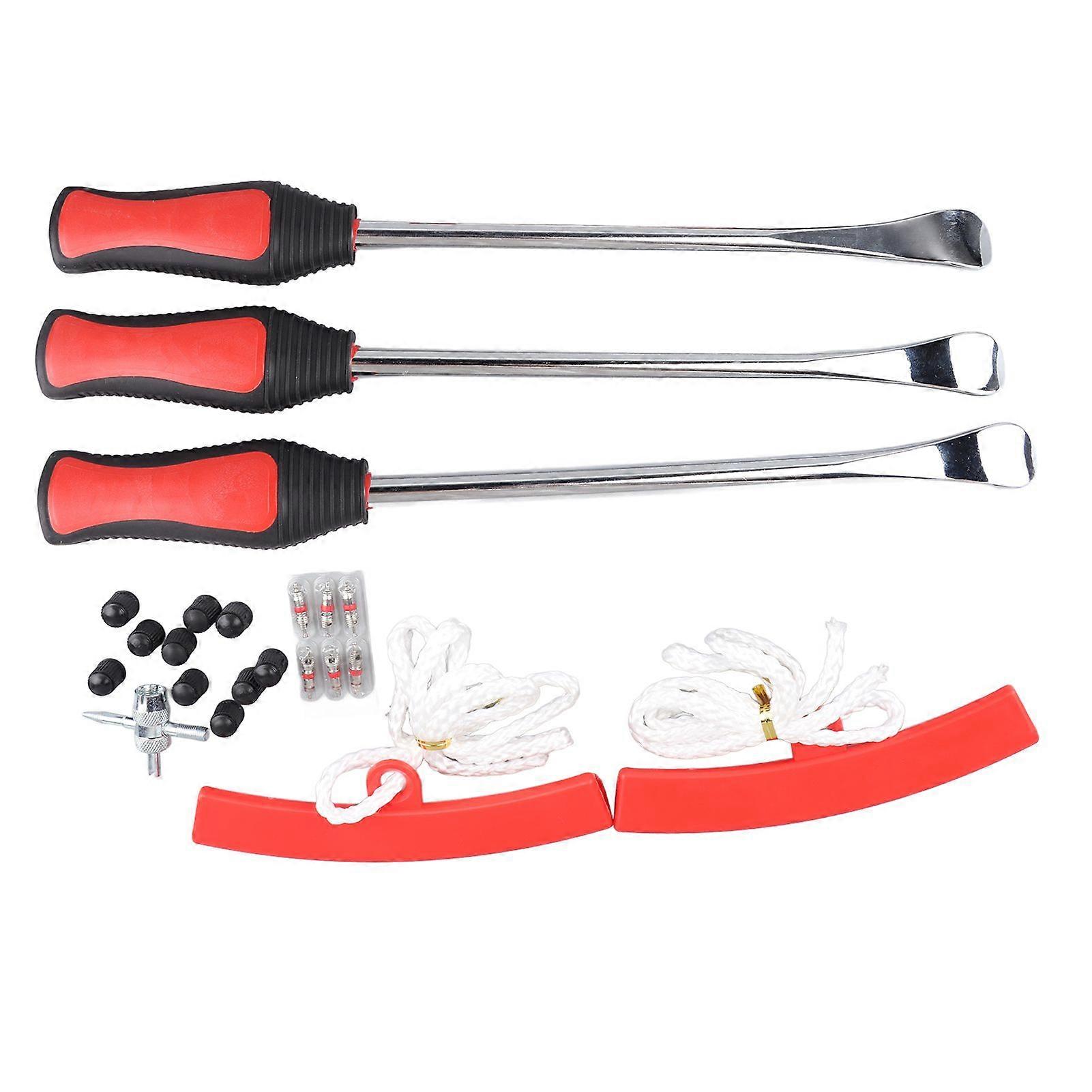 Motorcycle tire change kit with spoon levers and valve core