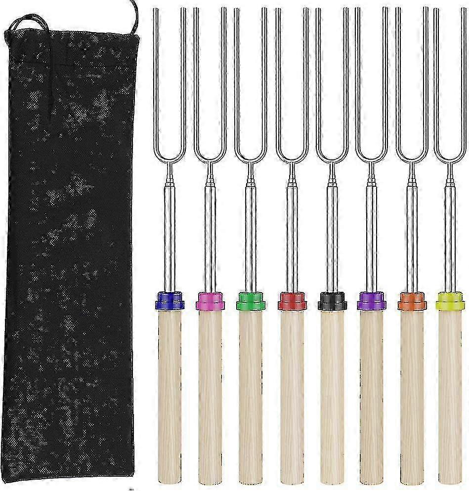 Extendable Marshmallow Roasting Sticks - Set Of 8 Telescoping Smores Skewers & Hot Dog Forks With Wooden Handle For Fire Pit Campfire - 32 Inch Stainl