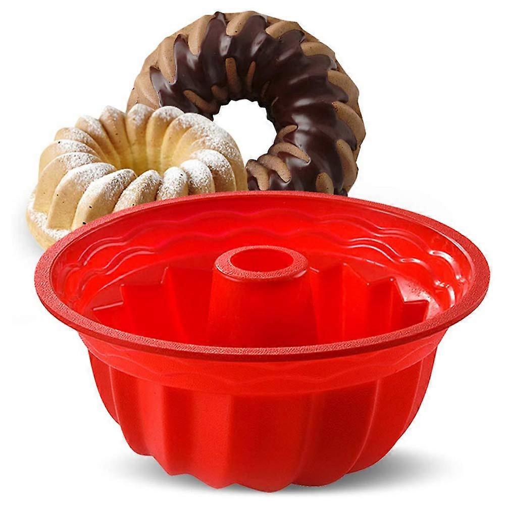 11.8 Inch Red Silicone Cake Pan Mold, Non-Stick Fluted Round Jello Mold for Baking Donuts, Muffins, and Pudding