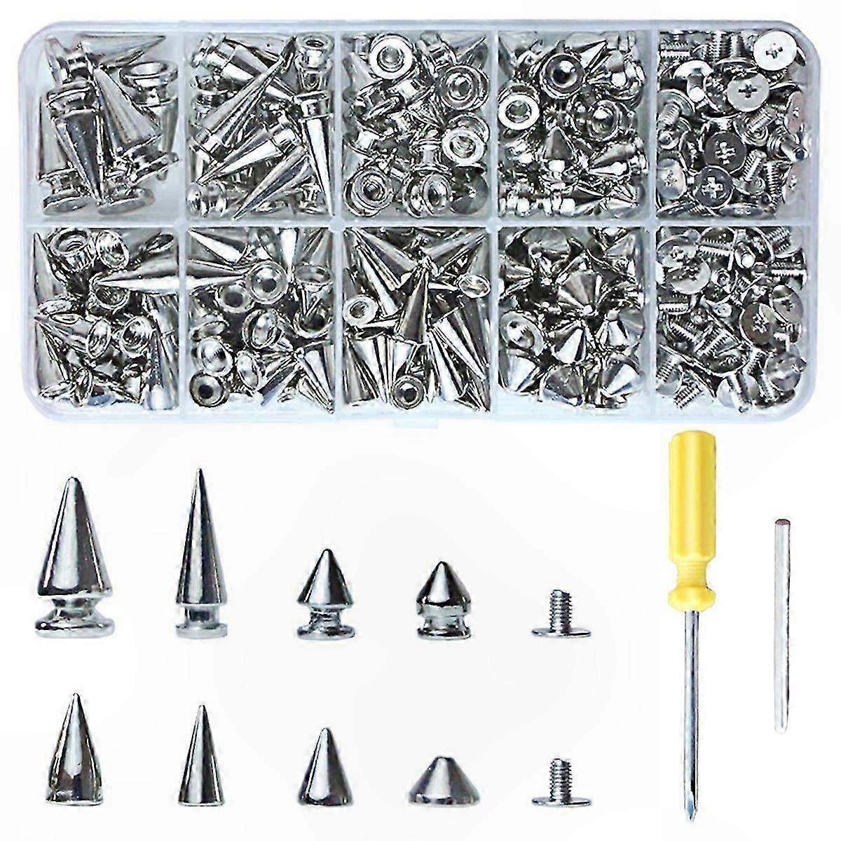Punk Style Cone Spikes and Studs Kit, 354 Pieces, 8 Sizes, Metal Decorative Spikes for Leathercraft Projects