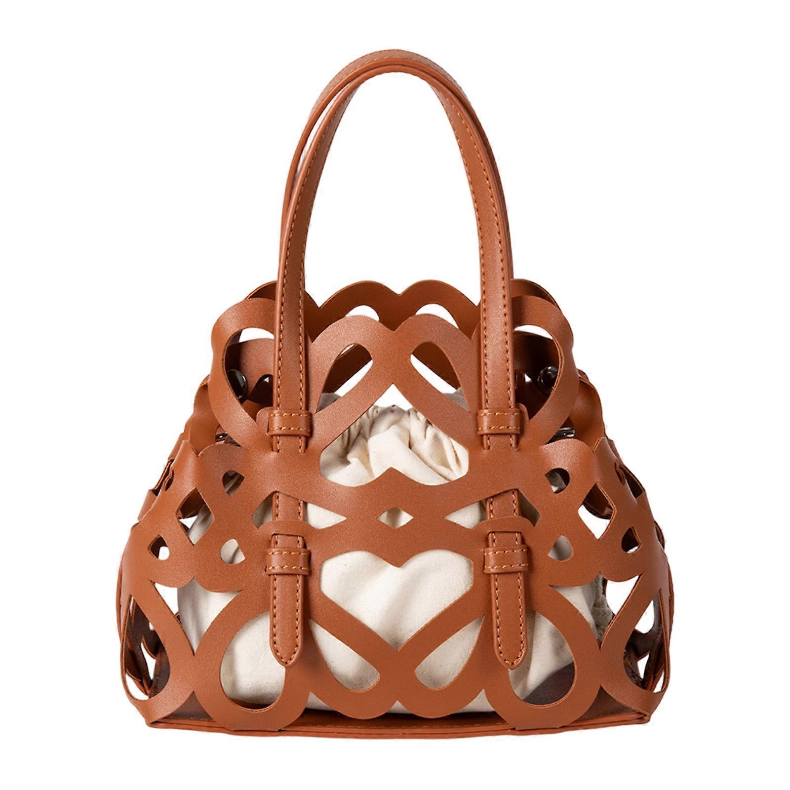 Stylish Hollow Out Bag With Secure Drawstring Inner Pocket Lightweight PU Handbag Spacious Capacity Adjustable Strap  brown