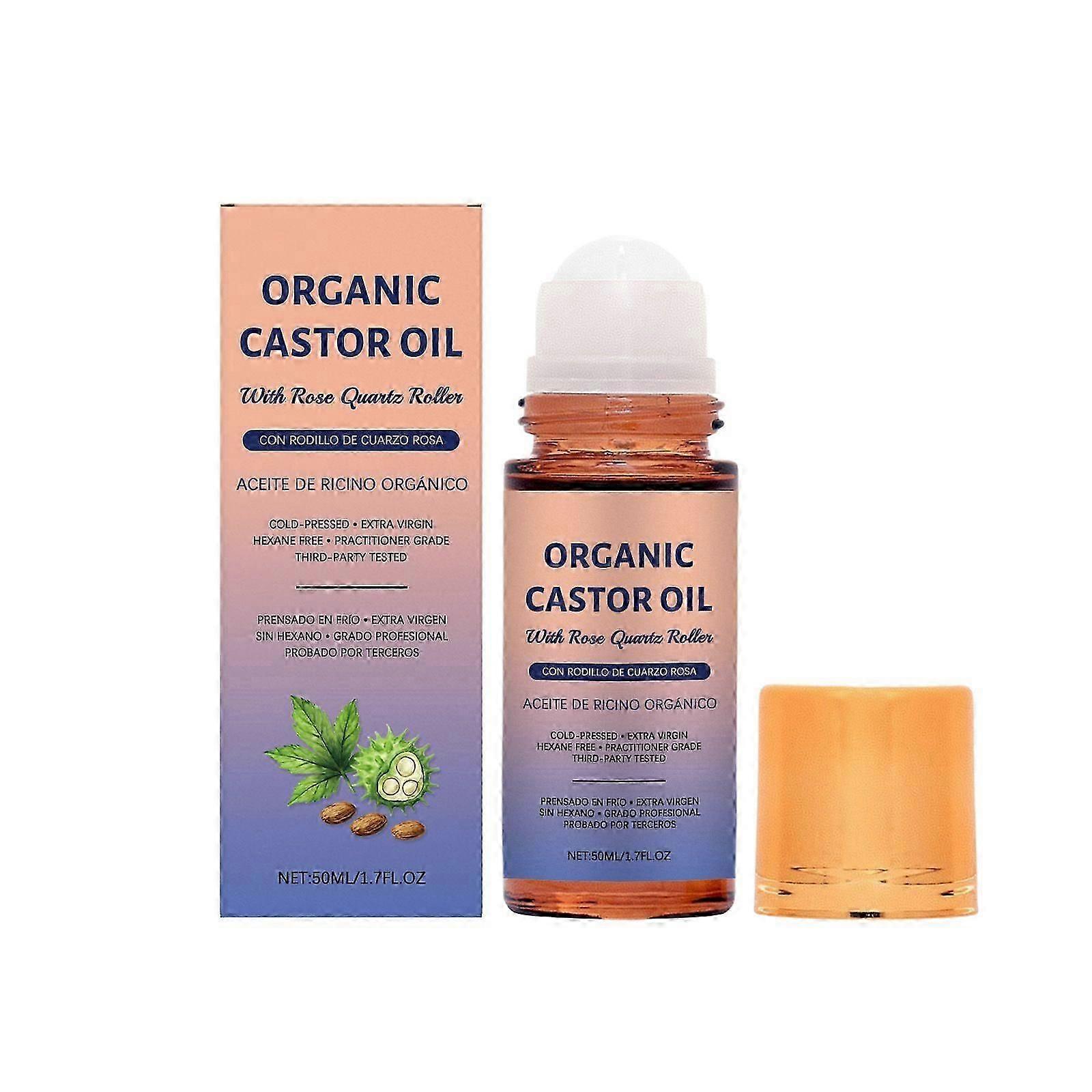 Organic Golden Castor Oil Roll-On with Rose Quartz | 100% Pure for Skin, Brows & Lashes and less mess| Hexane-Free | USDA Certified | Cold-Pressed