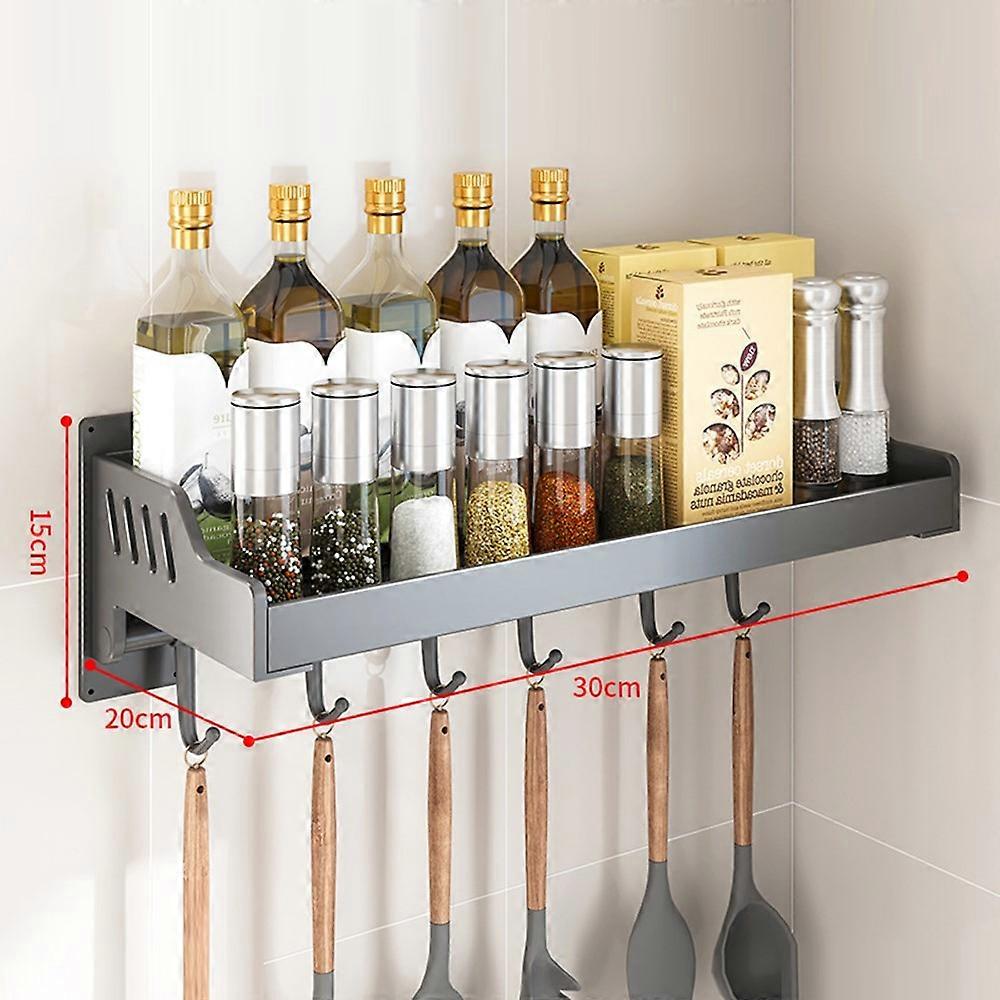 20x30cm Kitchen Storage Rack Wall Mounted Spice Organizer Holder with Hooks