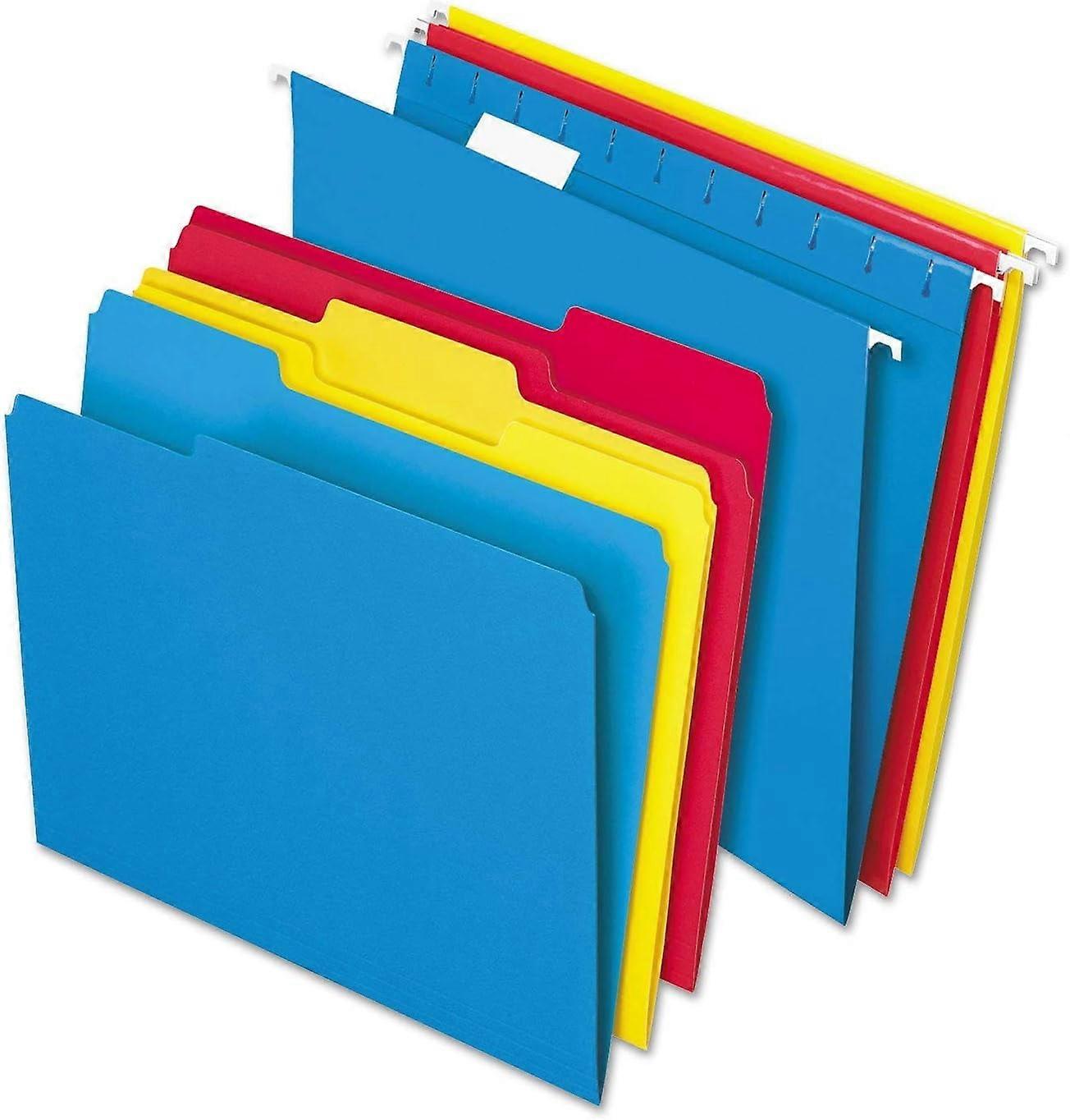Combo Filing Kit with 12 Interior File Folders and 12 Hanging Folders, Red, Blue, and Yellow, Letter Size, Total 24 Per Box (16157)