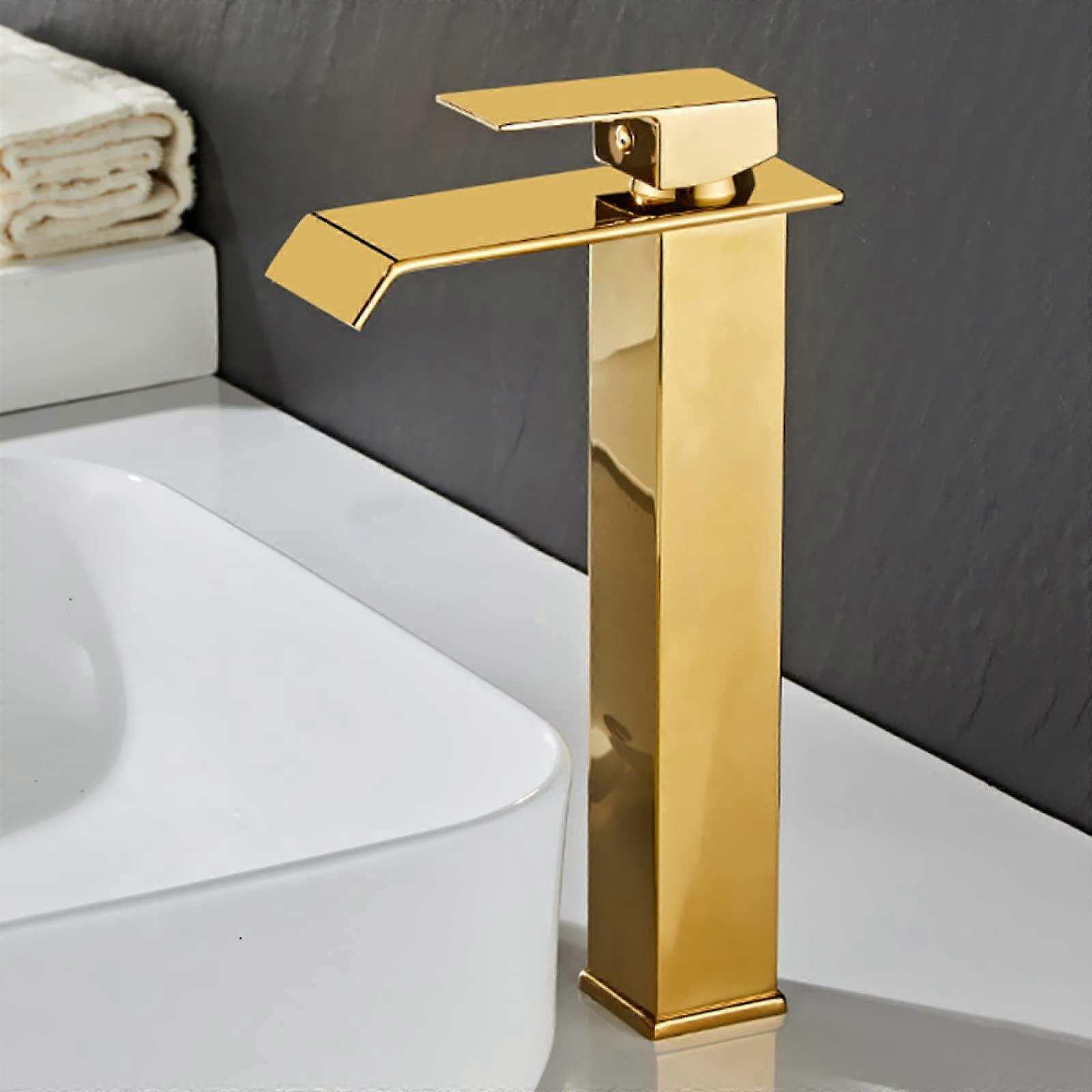 Waterfall Faucet Stainless Steel Gold Lavatory Faucet With Waterfall Spout, SingleHandle Hot Cold Bath Sink Mixer