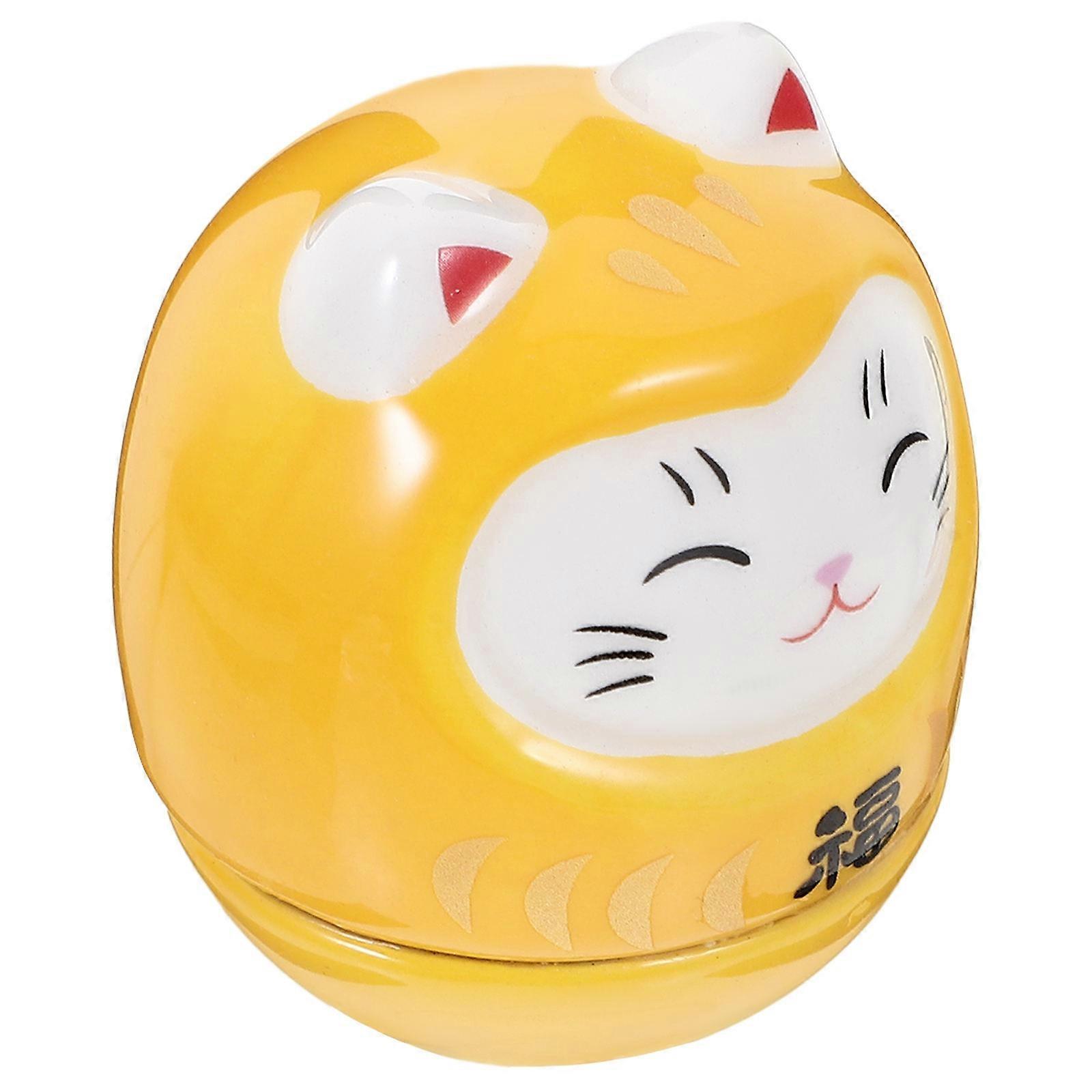 Ceramic Cat Statue Figurine Tumbler Structure Desktop Decor Yellow 1Pack