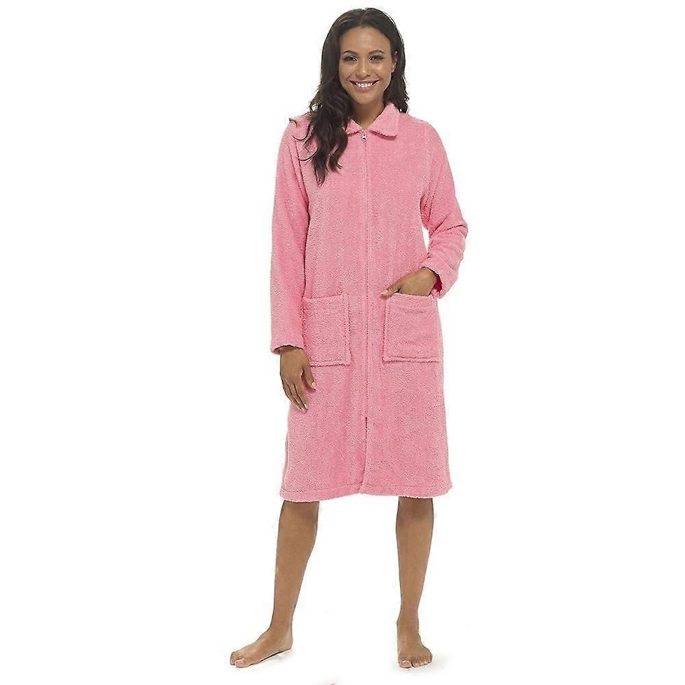 Ladies Towelling Bathrobe Front Zip Dressing Gown Long Sleeves & Deep Pockets