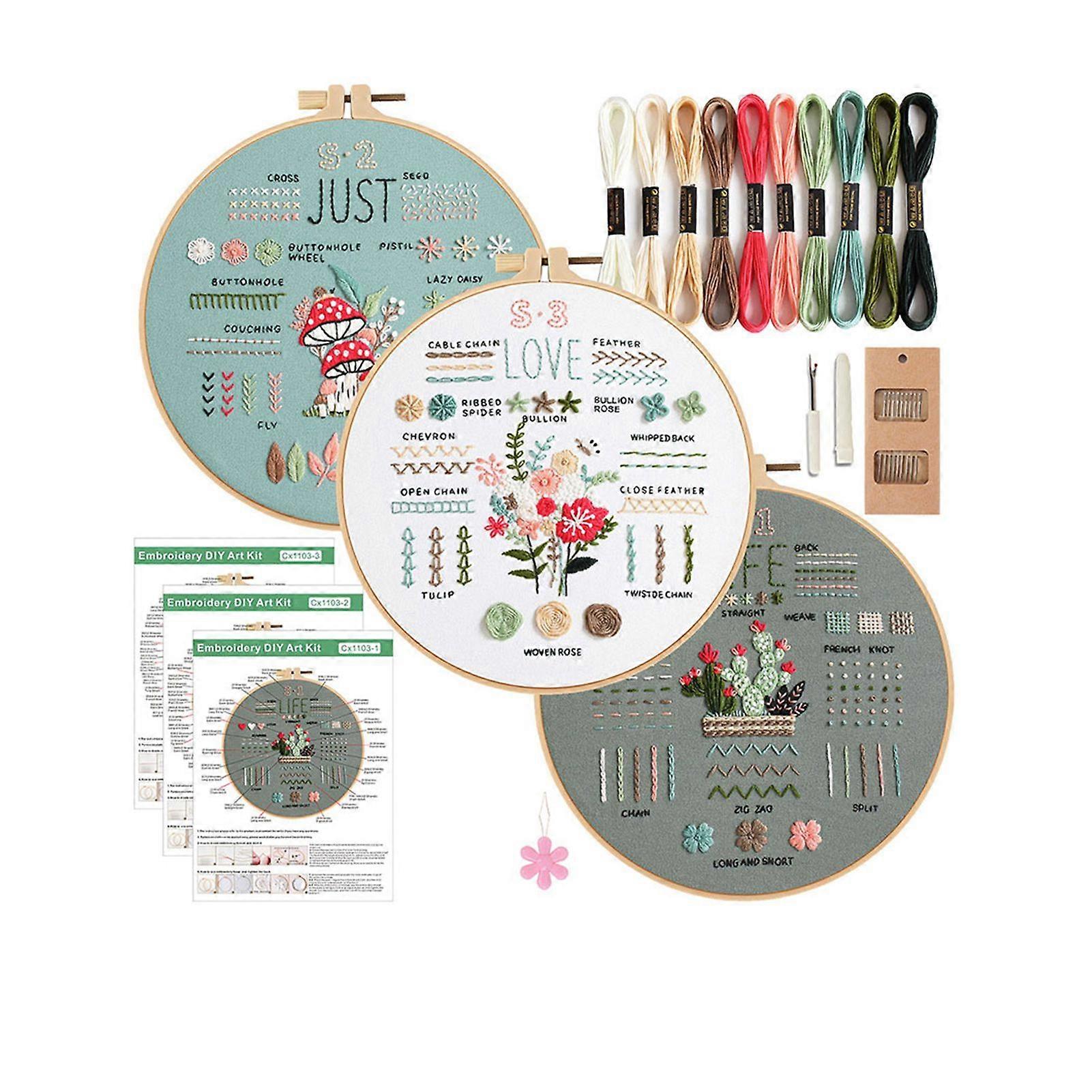 3Pcs Beginners Embroidery Kit Hand Cross Stitch Practice Kit with Patterns Hoop Tools Printed Embroidered Fabric