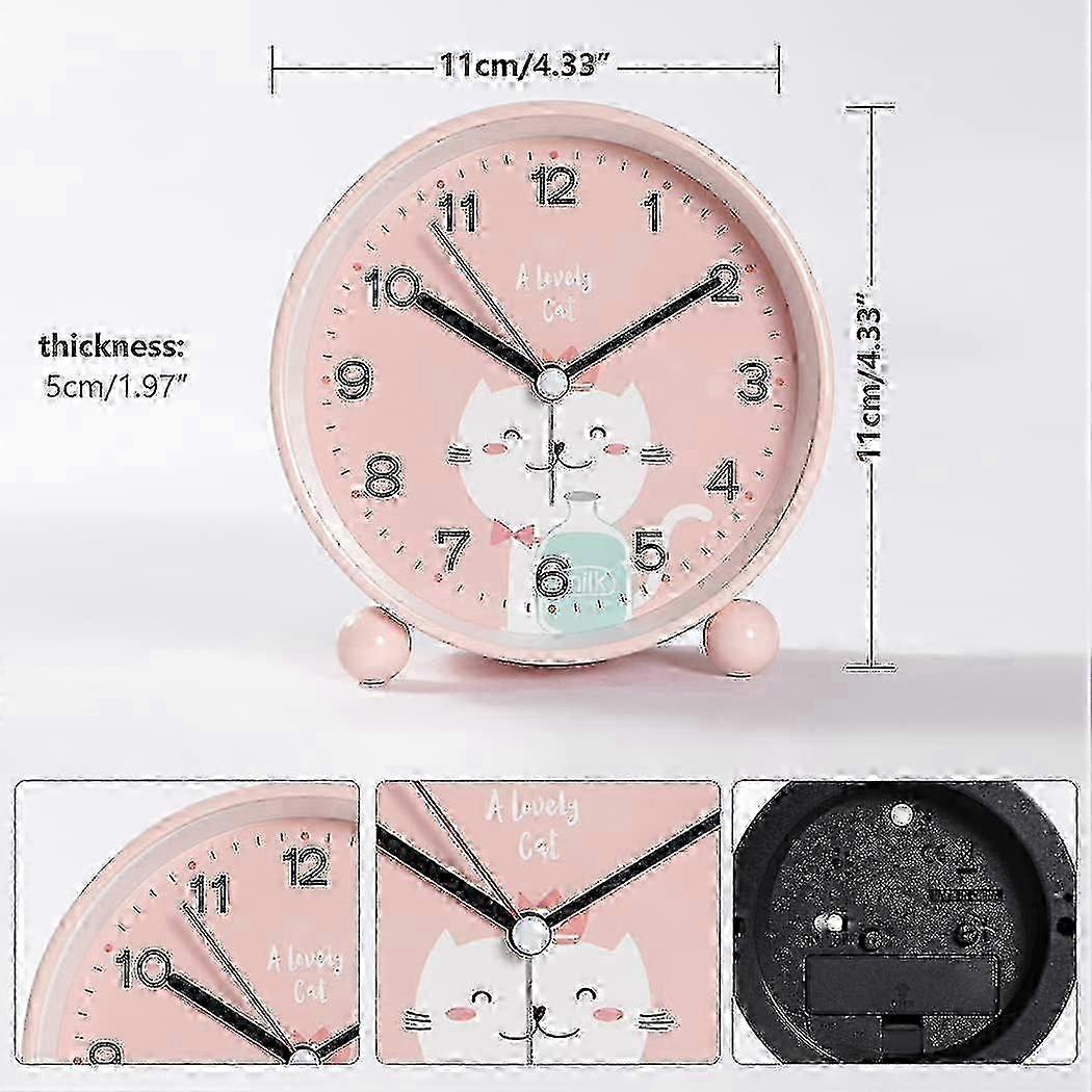 Educational Kids Alarm Clock with Day/Night Indicator, Non-Ticking Analog Design, Travel-Friendly Pink Cat Clock
