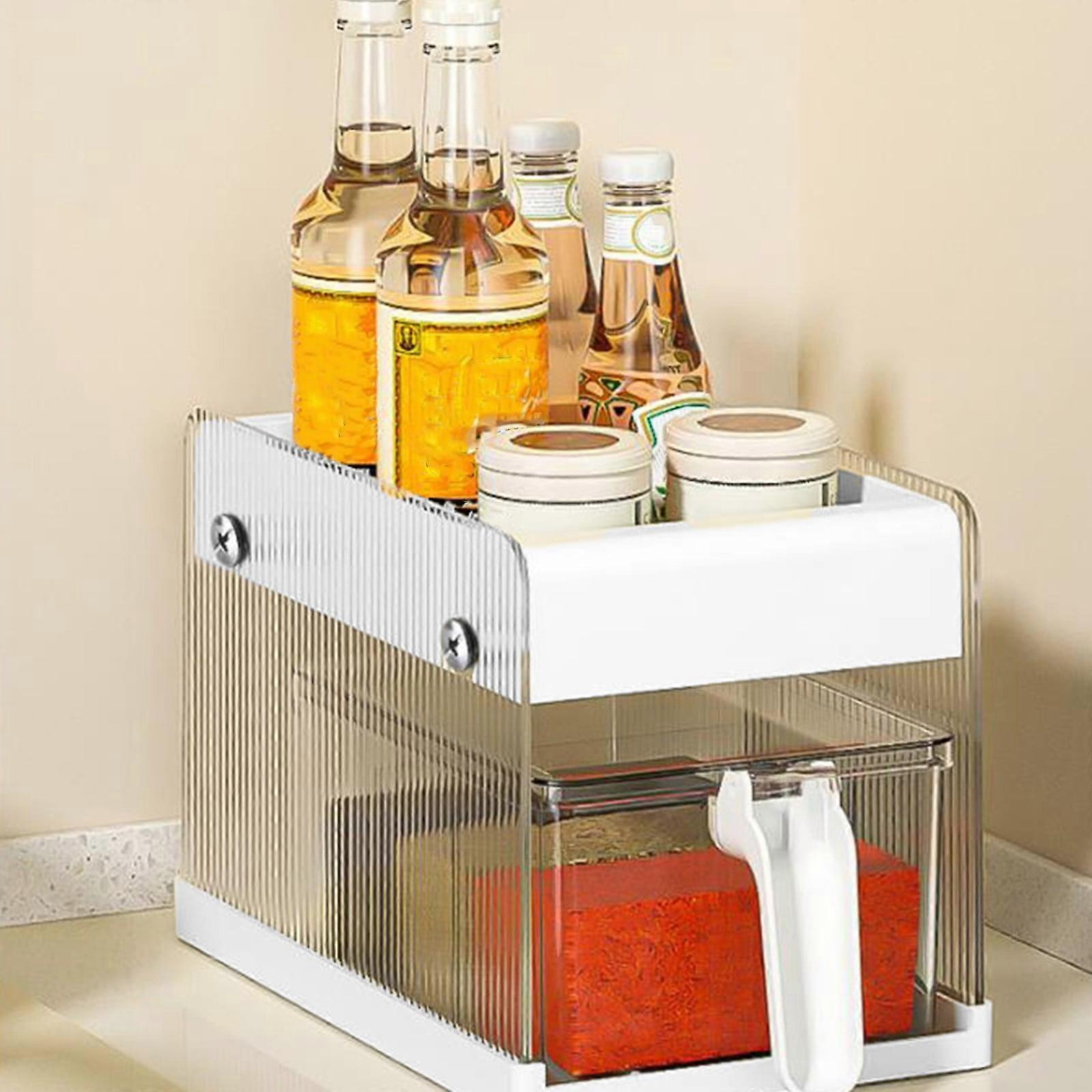 WJSXC 2-Tier Clear Spice Jar Organizer with Handle, Slide-Out Storage Container Compatible with Under Sink, Bathroom & Kitchen