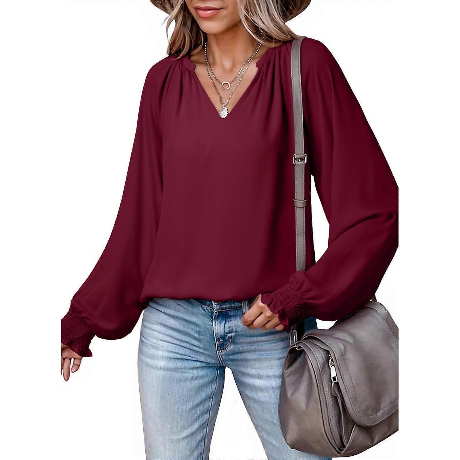 Plus-size women's top, sexy pleated long-sleeved casual chiffon blouse, flowy work shirt  Claret XL