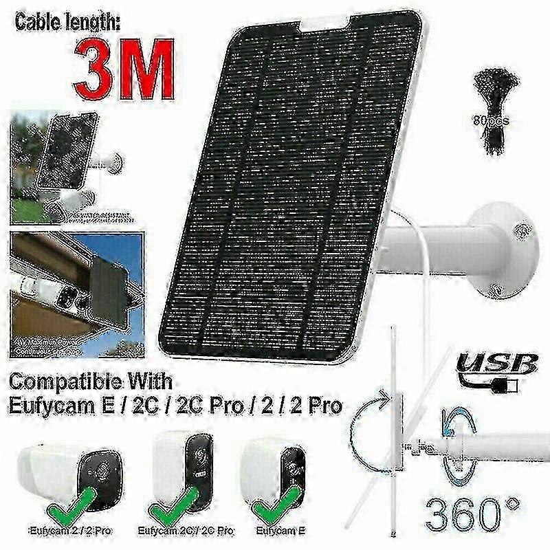 Solar Panel Mount Bracket with 13ft Cable for Security Cameras, Compatible with Eufycam 2/2C/2C Pro/E/2 Pro - Black