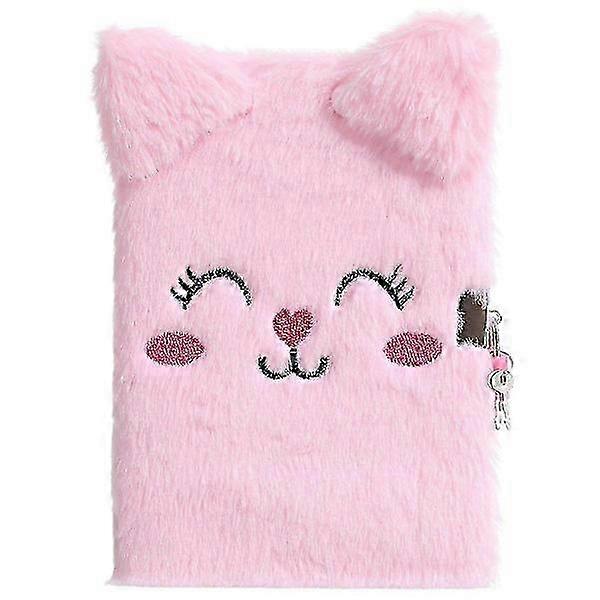 2025 cute cat face plush diary with lock and key, A5 lined hardcover secret notebook