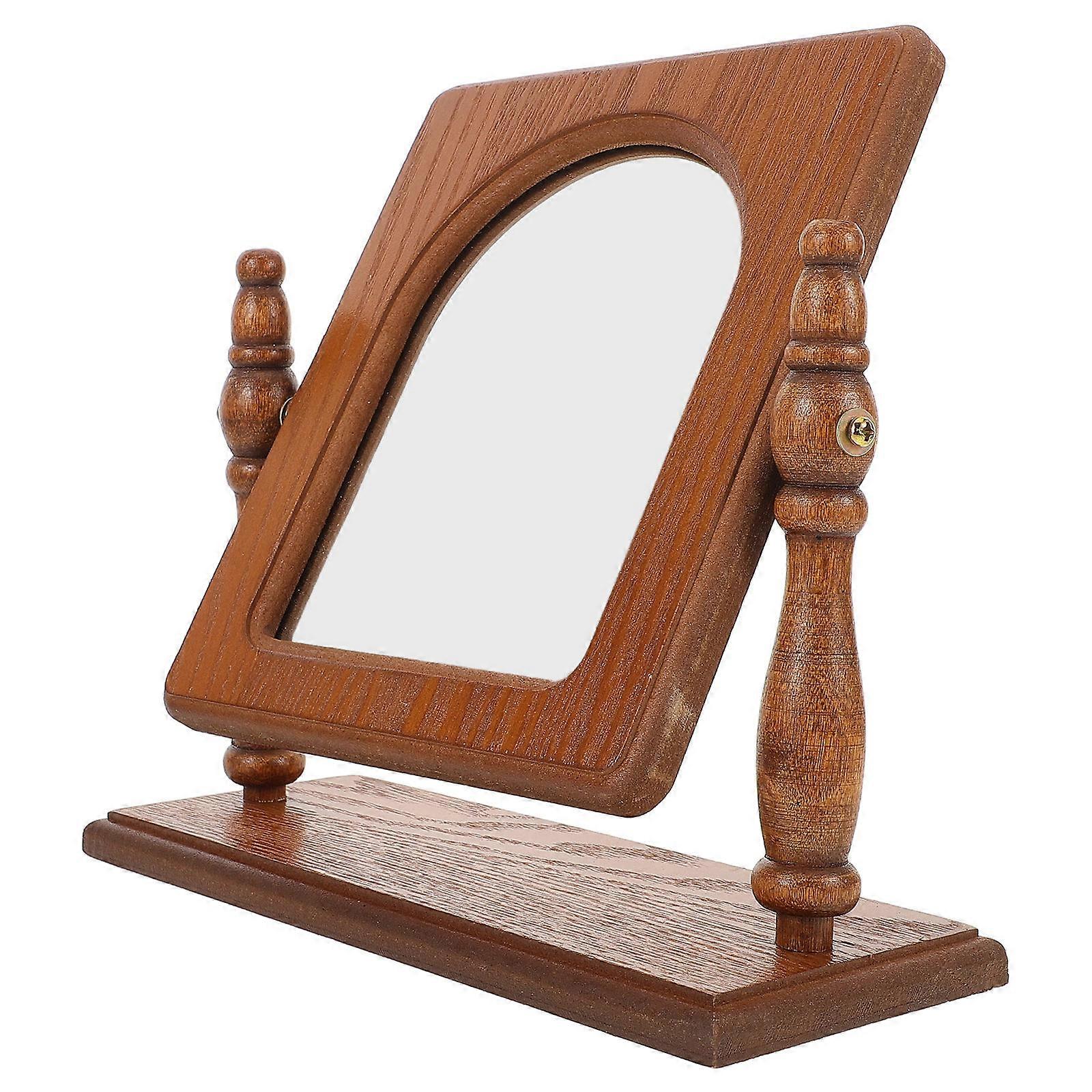 Rustic Wood Makeup Mirror Table Mirror with Stand for Home Use