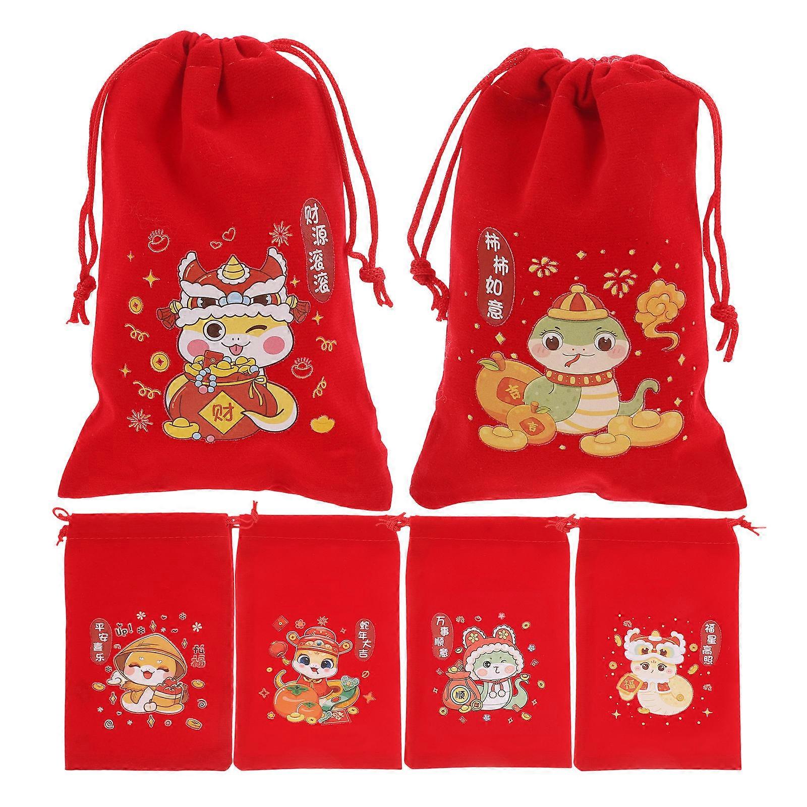 Rectangular Chinese Red Drawstring Pouches For Party Guests Versatile Storage Assorted Color 6Pcs