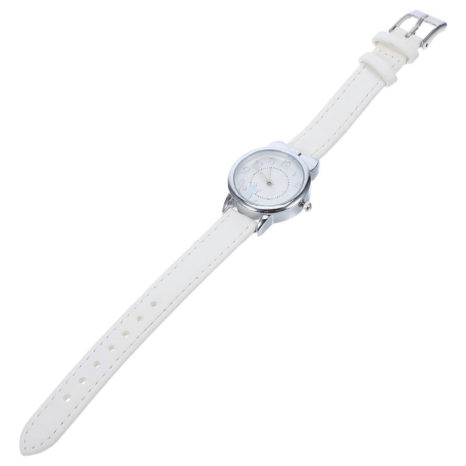 Cute Cat Pattern Kids Analog Watch for Timekeeping White PU Strap