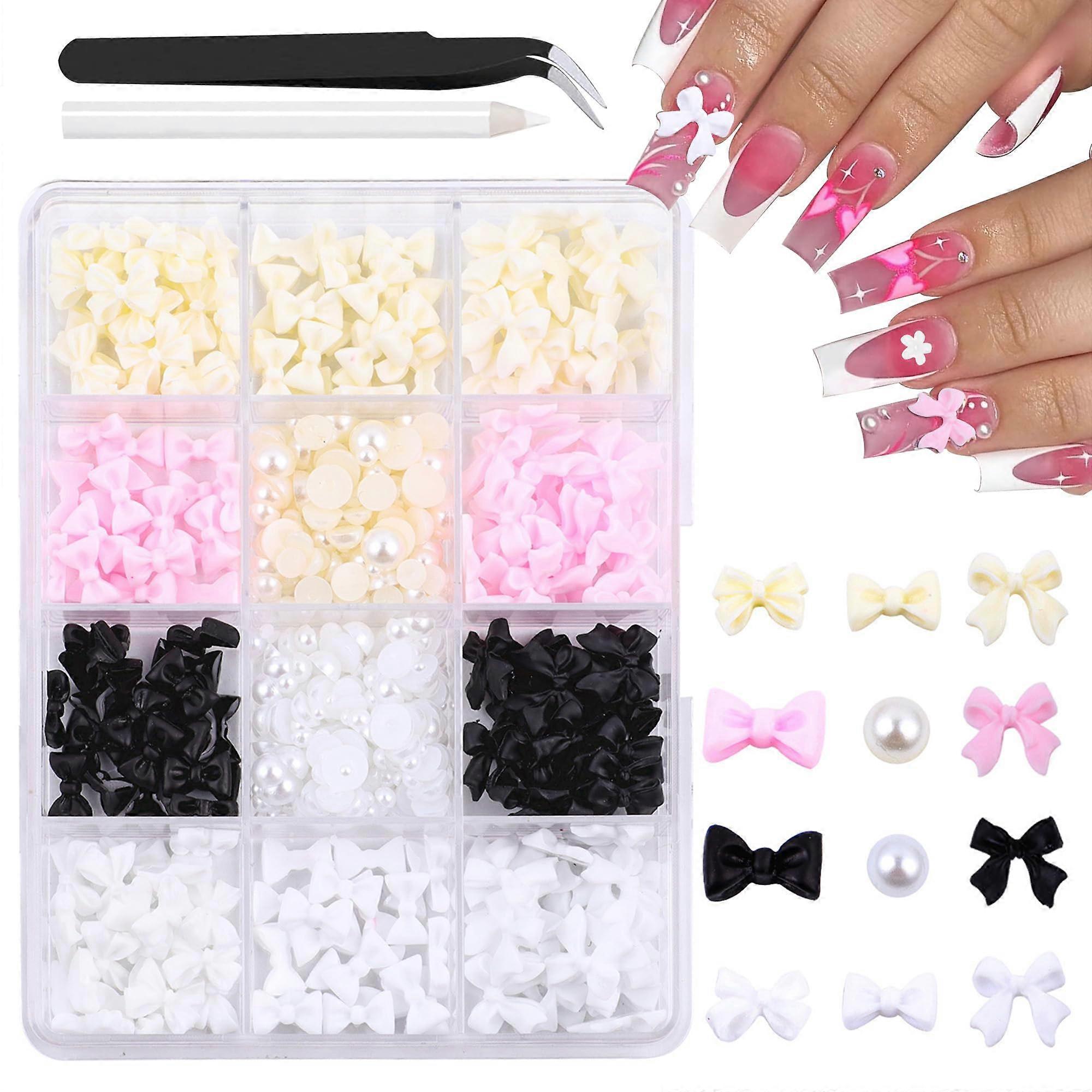 3D Butterfly Nail Charms with Pearls Mixed Colors Nail Art Decorations Set with Tweezers