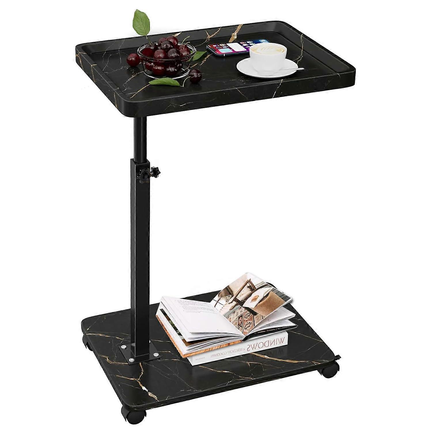 Adjustable Height C Shaped Sofa Side Table with Shelves for Living Room or Bedroom Black and Gold