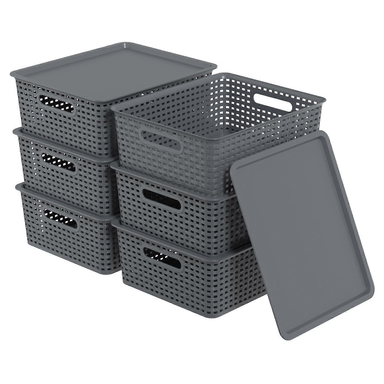 6Pack Plastic Storage Bins with Lids and Handles, Stackable Organizer Baskets for Kitchen, Bathroom, Gray