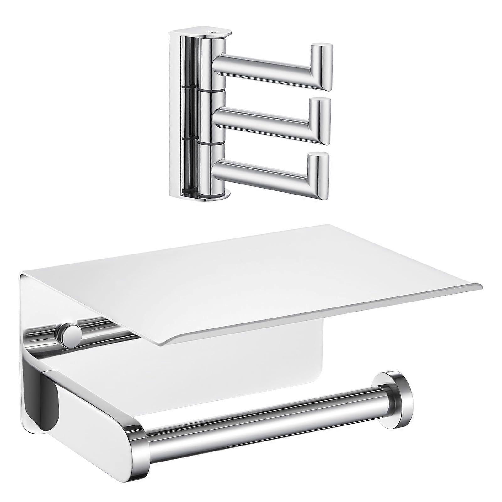 Bathroom Towel Hook and Toilet Paper Holder with Shelf, Polished Chrome Rustproof Dual Function