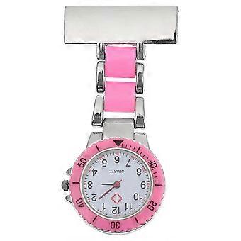 Schattig roze kwarts zakhorloge als hanghorloge voor aan je kleding.