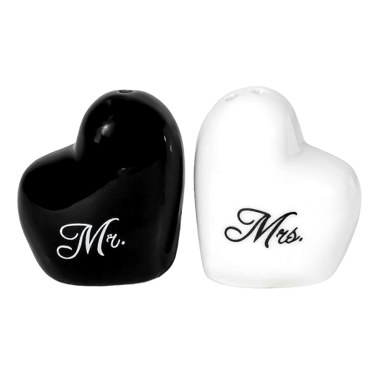 Salt and Pepper Shaker in Black - White in Heart Shape with Mr & Mrs Inscription - 5 x 3.5 x 5.5 cm - Gift Decoration Salt and Pepper Duo Shaker