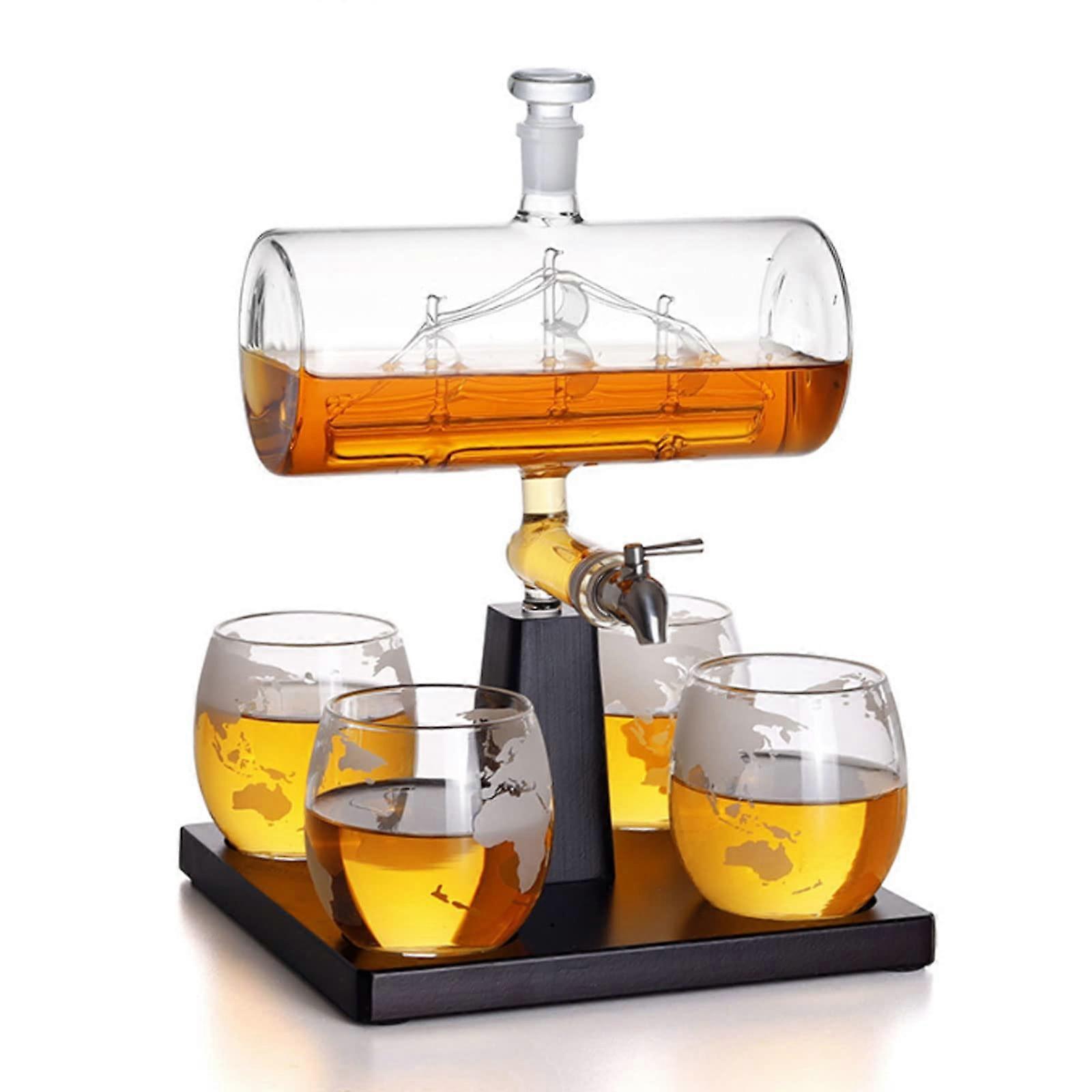Wine Decanter Set HandBlown Borosilicate Glass 1000ml with Solid Wood Base for Spirits