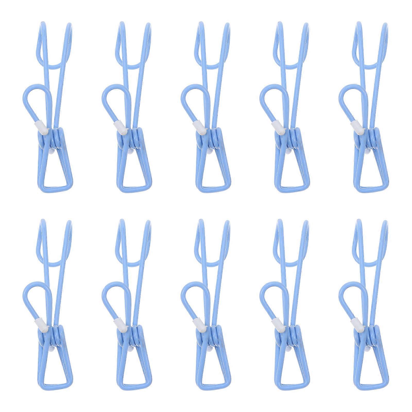 Blue Plastic-Coated Clothes Pin Clip with Hook for Multi-Function Use 10Pcs