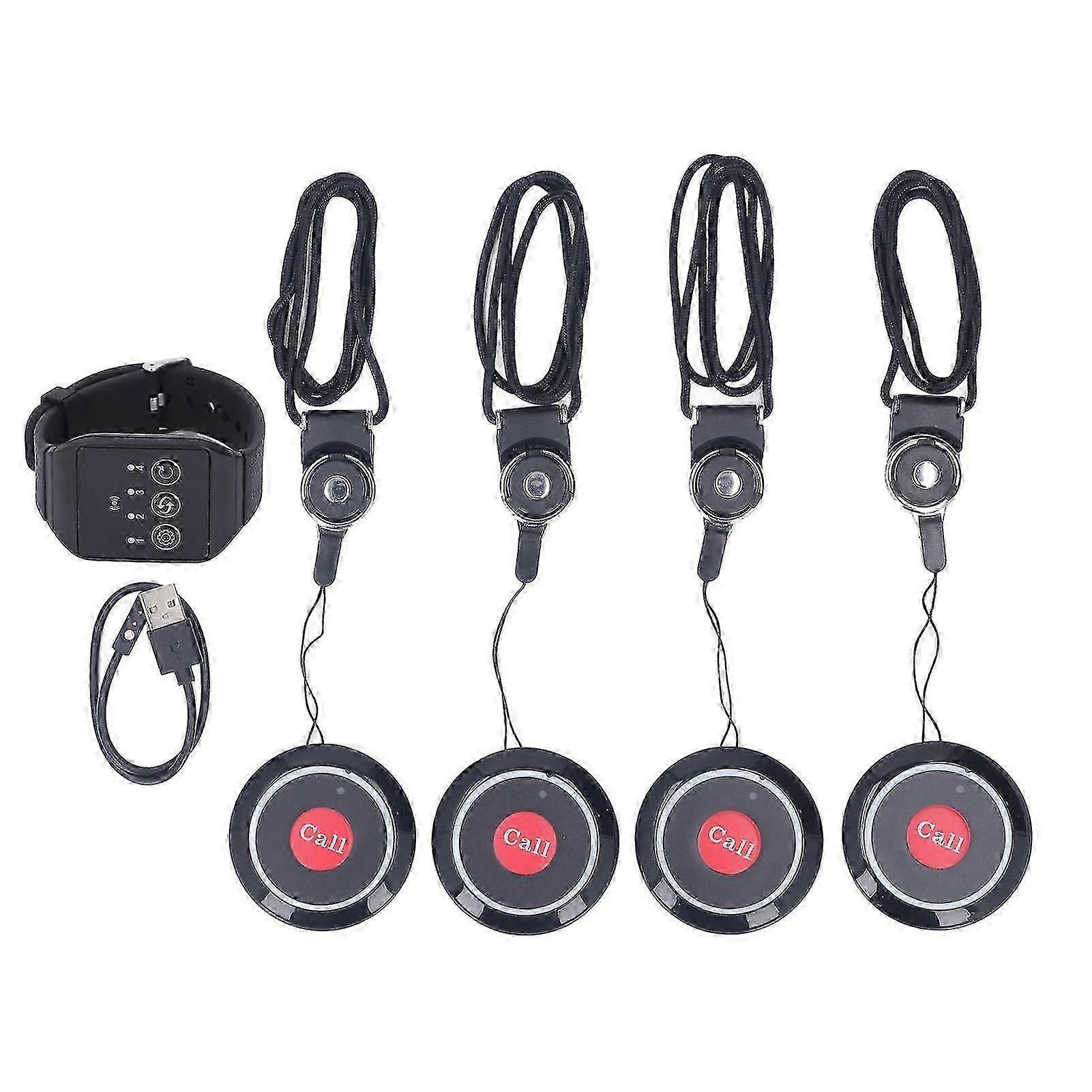 Restaurant Service Calling System, 1 Watch & 4 Button Pagers, Waterproof